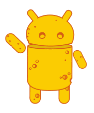 Um boneco amarelo estilizado, que lembra o logotipo do sistema operacional Android, acena com a mão esquerda levantada. O boneco tem um corpo cilíndrico, uma cabeça arredondada com duas pequenas antenas e duas pernas curtas e grossas. Há algumas manchas texturizadas em sua superfície, dando a impressão de ser feito de um material rústico ou envelhecido. O fundo da imagem é transparente, indicado pelo padrão quadriculado