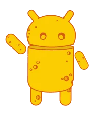 Um boneco amarelo estilizado, que lembra o logotipo do sistema operacional Android, acena com a mão esquerda levantada. O boneco tem um corpo cilíndrico, uma cabeça arredondada com duas pequenas antenas e duas pernas curtas e grossas. Há algumas manchas texturizadas em sua superfície, dando a impressão de ser feito de um material rústico ou envelhecido. O fundo da imagem é transparente, indicado pelo padrão quadriculado