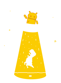 Ilustração de uma lanterna amarela com aparência rústica. No topo, um pequeno boneco amarelo, semelhante ao mascote do Android, acena no lugar do botão. A lanterna projeta um feixe de luz para baixo, revelando a silhueta branca e desgastada de um dinossauro Tiranossauro Rex. O fundo da imagem é transparente.