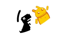 Ilustração estilizada de um confronto entre um boneco amarelo, que lembra o mascote do Android, e a silhueta preta de um dinossauro T-Rex. O dinossauro avança com a boca aberta, enquanto o boneco amarelo está inclinado para trás, como se estivesse caindo ou em meio a uma luta. Ao fundo, um círculo branco com linhas curvas cinzas indica movimento. O fundo da imagem é transparente