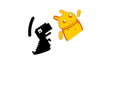 Ilustração estilizada de um confronto entre um boneco amarelo, que lembra o mascote do Android, e a silhueta preta de um dinossauro T-Rex. O dinossauro avança com a boca aberta, enquanto o boneco amarelo está inclinado para trás, como se estivesse caindo ou em meio a uma luta. Ao fundo, um círculo branco com linhas curvas cinzas indica movimento. O fundo da imagem é transparente