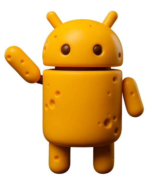 Um boneco amarelo estilizado, que lembra o logotipo do sistema operacional Android, acena com a mão esquerda levantada. O boneco tem um corpo cilíndrico, uma cabeça arredondada com duas pequenas antenas e duas pernas curtas e grossas. Há algumas manchas texturizadas em sua superfície, dando a impressão de ser feito de um material rústico ou envelhecido. O fundo da imagem é transparente, indicado pelo padrão quadriculado