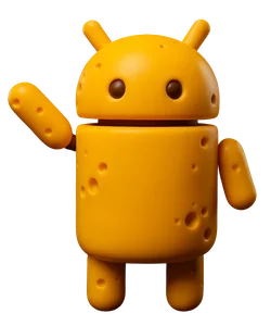 Um boneco amarelo estilizado, que lembra o logotipo do sistema operacional Android, acena com a mão esquerda levantada. O boneco tem um corpo cilíndrico, uma cabeça arredondada com duas pequenas antenas e duas pernas curtas e grossas. Há algumas manchas texturizadas em sua superfície, dando a impressão de ser feito de um material rústico ou envelhecido. O fundo da imagem é transparente, indicado pelo padrão quadriculado